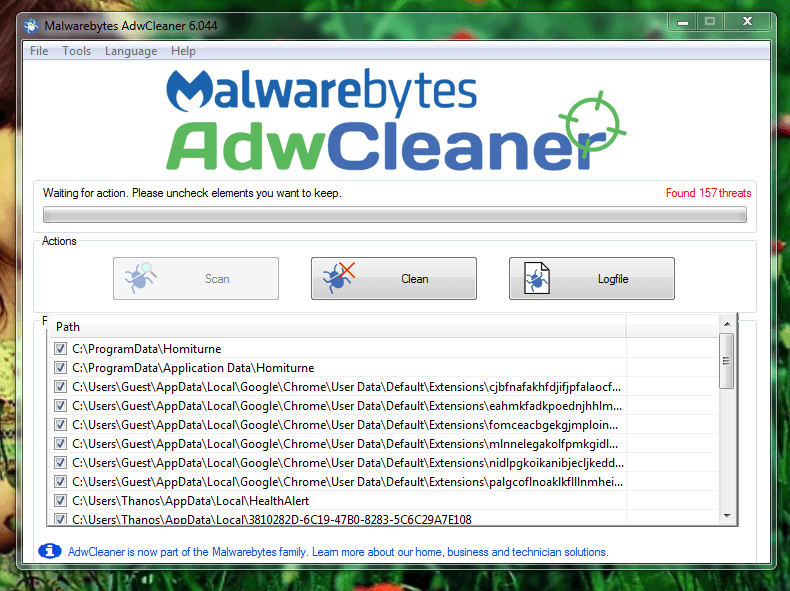 AdwCleaner shows scan results on your system
