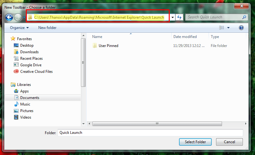 open new toolbar then set specified folder path 